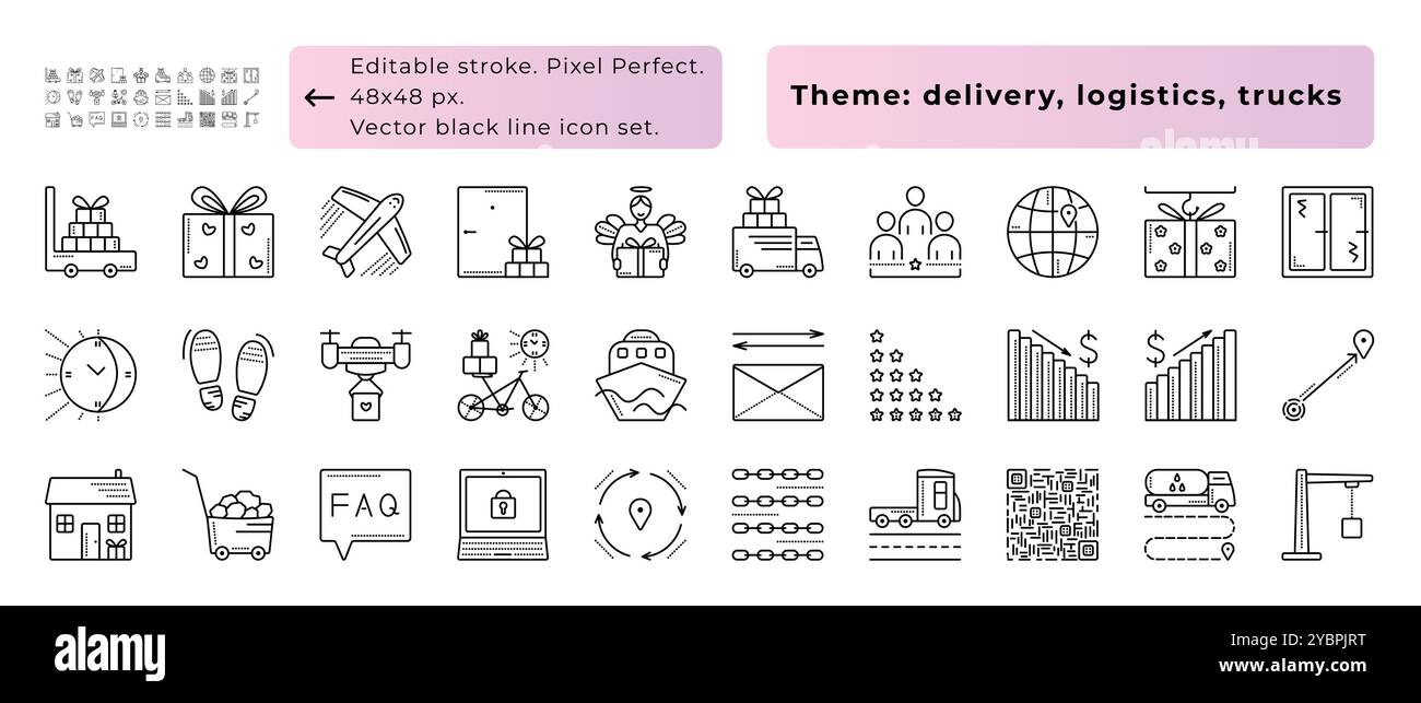 Logistik und Fracht, Lieferung und Lkw. Vektorsymbole für schwarze Linien mit gepunkteten Linien, 30 Zeichen – 48x48 px (bearbeitbare Kontur, Pixel perfekt) und 300 x 3 Stock Vektor