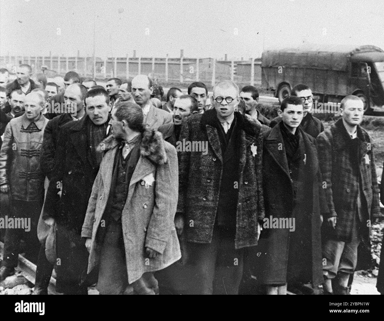 Ungarische Juden, die für Zwangsarbeit in Auschwitz ausgewählt wurden, warten darauf, in einen anderen Abschnitt des Lagers gebracht zu werden. Die Juden in Ungarn waren ziemlich sicher, bis Hitler aus Angst, Ungarn würde einen Vertrag mit den Alliierten suchen, die Invasion des Landes im März 1944 anordnete. Zwischen dem 15. Mai und dem 9. Juli 1944 wurden über 434.000 Juden mit 147 Zügen deportiert, die meisten nach Auschwitz, wo etwa 80 Prozent bei der Ankunft vergast wurden. Der schnelle Fortschritt der Deportationen wurde durch die enge Zusammenarbeit zwischen den ungarischen und deutschen Behörden ermöglicht. Stockfoto