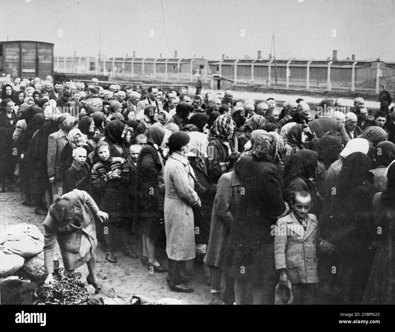 Ungarische Juden warten auf die Auswahl auf der Rampe in Auschwitz. Die Juden in Ungarn waren ziemlich sicher, bis Hitler aus Angst, Ungarn würde einen Vertrag mit den Alliierten suchen, die Invasion des Landes im März 1944 anordnete. Zwischen dem 15. Mai und dem 9. Juli 1944 wurden über 434.000 Juden mit 147 Zügen deportiert, die meisten nach Auschwitz, wo etwa 80 Prozent bei der Ankunft vergast wurden. Der schnelle Fortschritt der Deportationen wurde durch die enge Zusammenarbeit zwischen den ungarischen und deutschen Behörden ermöglicht. Stockfoto