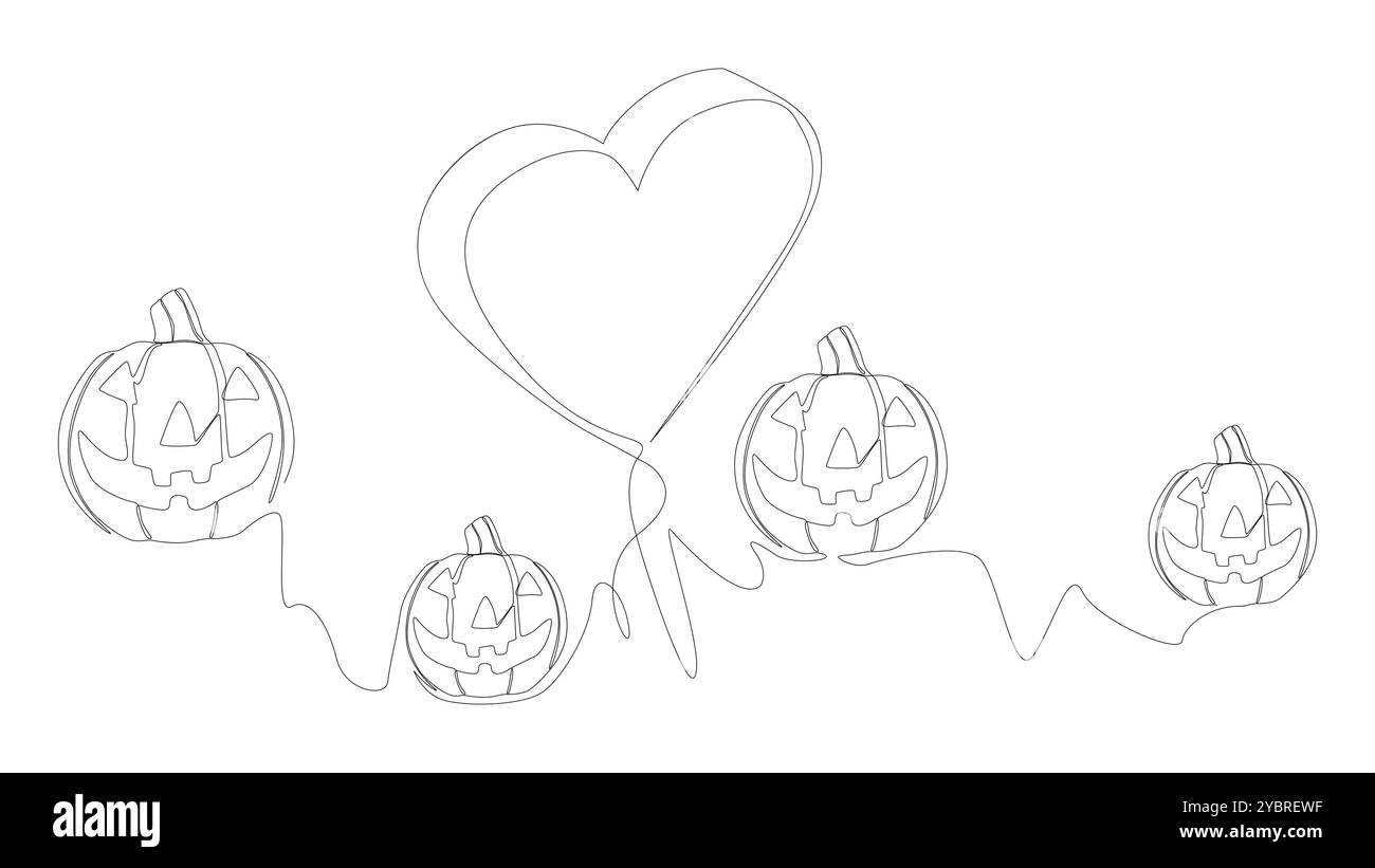 Eine durchgehende Linie Halloween Jack O' Lantern Kürbis mit Herz. Vektorkonzept für die Darstellung dünner Linien. Konturzeichnung kreative Ideen. Stock Vektor