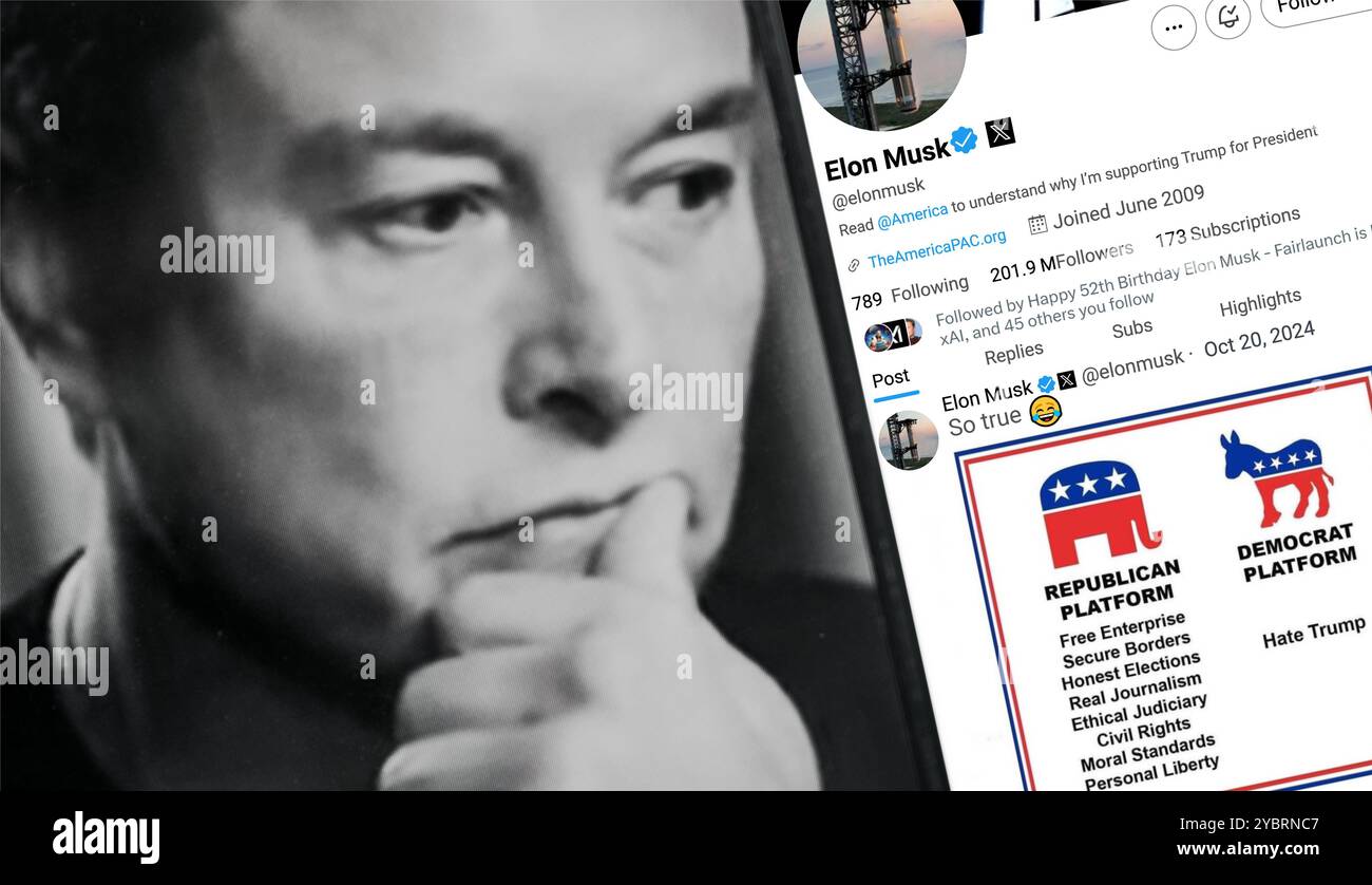 Ukraine. Poltava. Oktober 2024 . Elon Musk Profil auf einem Smartphone-Bildschirm. Neuer Tweet mit Text. Stockfoto