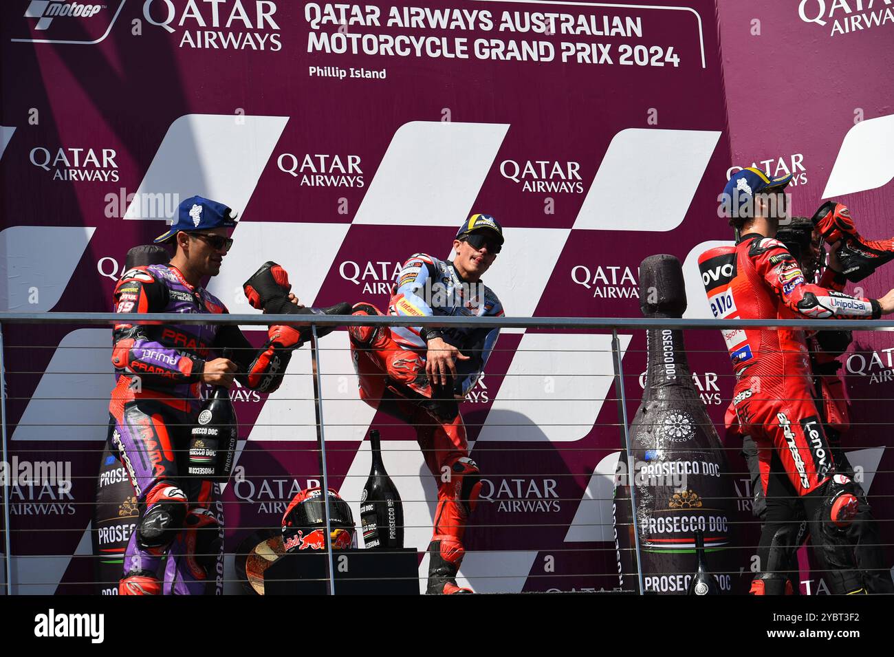 MELBOURNE, AUSTRALIEN. Oktober 2024. Im Bild: Marc Márquez, Nummer 93 Spaniens, reitet für Gresini Racing während der MotoGP-Podestfeier beim Qatar Airways Australian Motorcycle Grand Prix 2024 auf dem Phillip Island Circuit. Quelle: Karl Phillipson/Alamy Live News Stockfoto