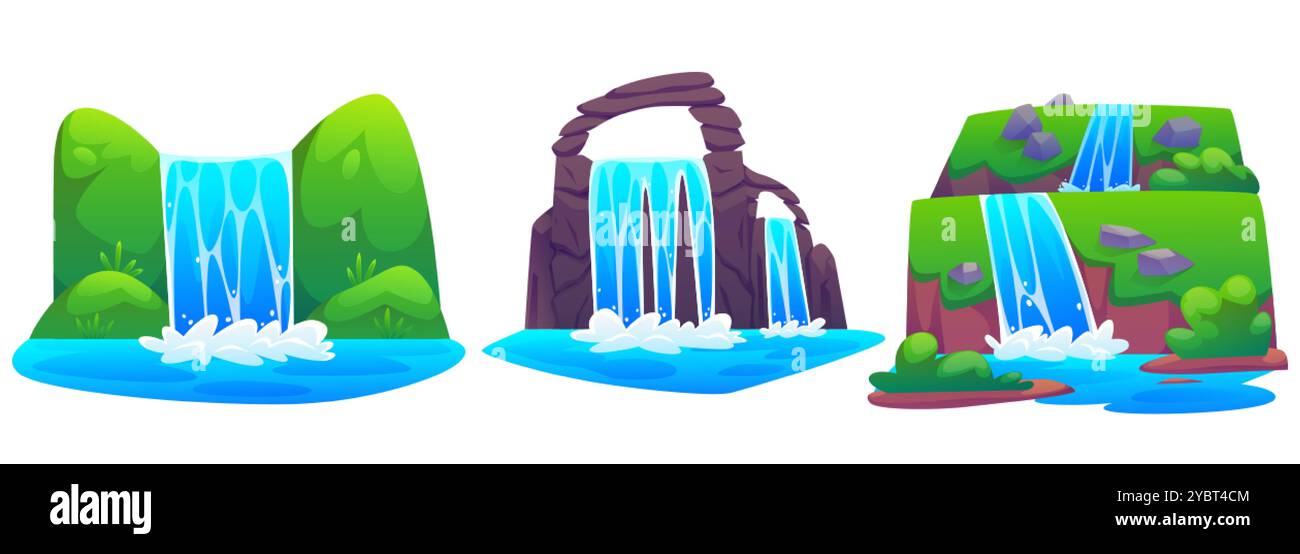 Wasserfall auf felsigem und mit grünem Grasberg bedeckt. Zeichentrickvektor-Illustration Set von Kaskade fallendes blaues Wasser des Baches von der Klippe. Fluss ein Stock Vektor