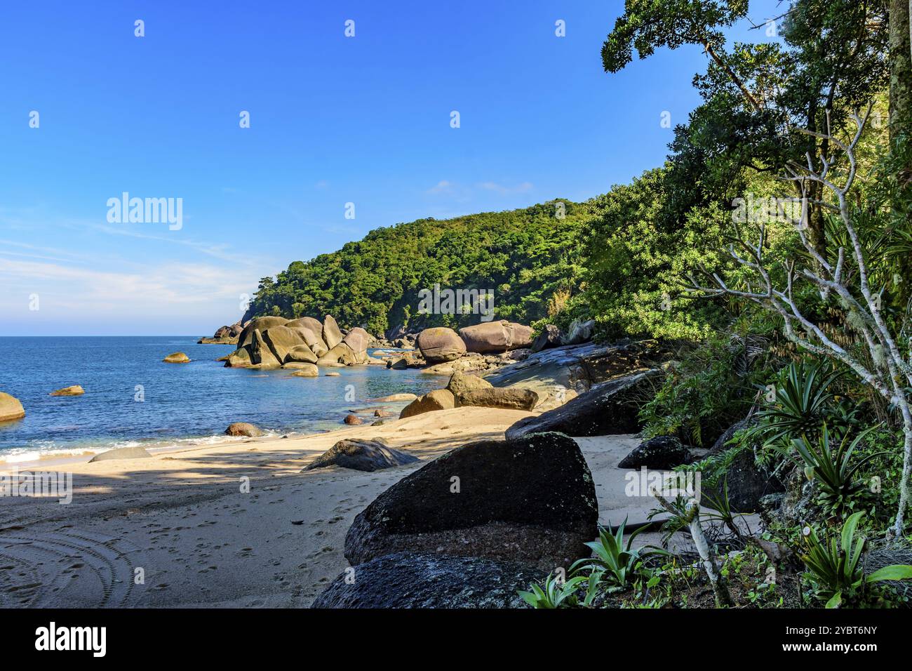 Wald, Hügel, Felsen und Meer von Indaiauba Strand in Ilhabela Insel Küste os Sao Paulo Stockfoto