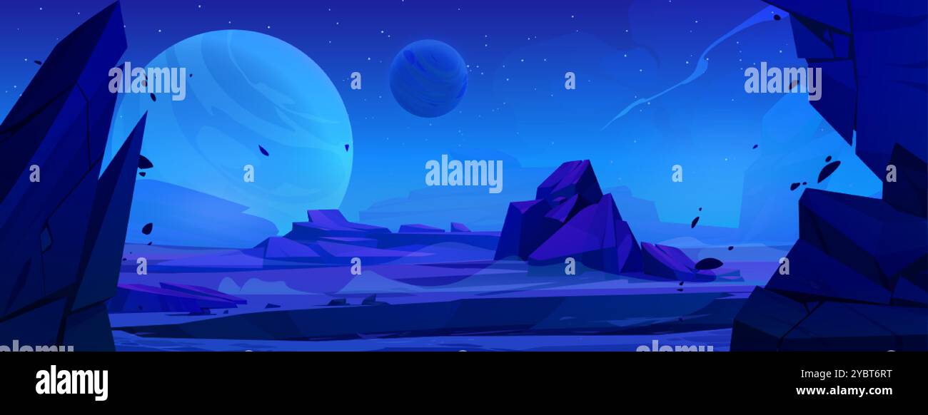 Dunkle nächtliche blaue außerirdische Planetenoberfläche mit Wüste und Felsenklippen. Cartoon Vektor-Fiktion Weltraum Landschaft mit großen Steinen und Himmelsblumen Stock Vektor