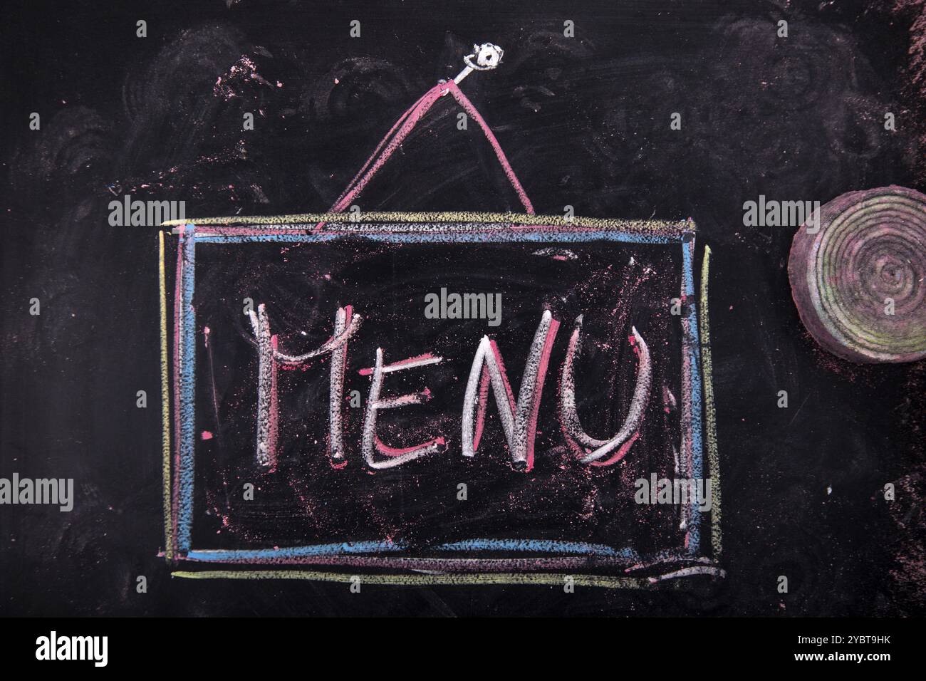 Grafische Darstellung des Wortes mit Kreide auf Tafel, Menü Stockfoto