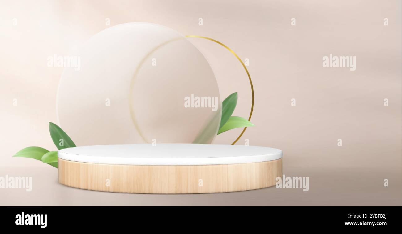 Rundes hölzernes Podium mit grünen Blättern und Glasmorphismus-Elementen auf beigefarbenem Hintergrund. Vektorrealistische Darstellung der leeren Zylinderplattform für oder Stock Vektor Rundes hölzernes Podium mit grünen Blättern und Glasmorphismus-Elementen auf beigefarbenem Hintergrund. Vektorrealistische Darstellung der leeren Zylinderplattform für oder Stock Vektor