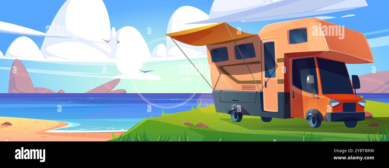 Wohnmobil am Meer- oder Seestrand mit Sand und grünem Grasufer, ruhigem Wasser und Steinen. Cartoon-Vektor-Wohnmobil am sonnigen Sommertag. Meereslandschaft Stock Vektor