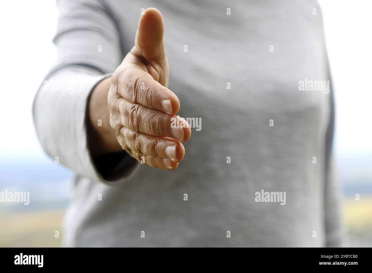 Begrüßung mit einem Handschlag Stockfoto