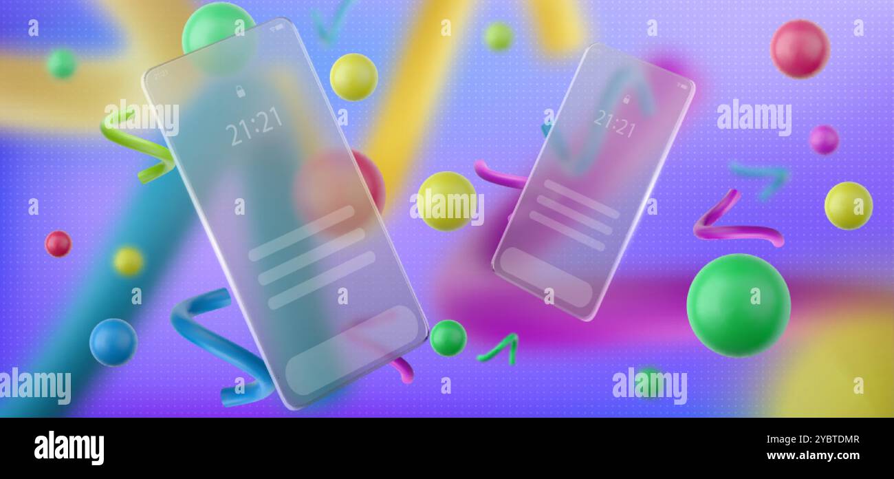 Abstrakter Hintergrund mit Benutzeroberfläche des Mobiltelefons auf unscharfem rechteckigem transparentem Glas, das über farbenfrohe Kugel und geometrischen Elementen schwebt. Rea Stock Vektor