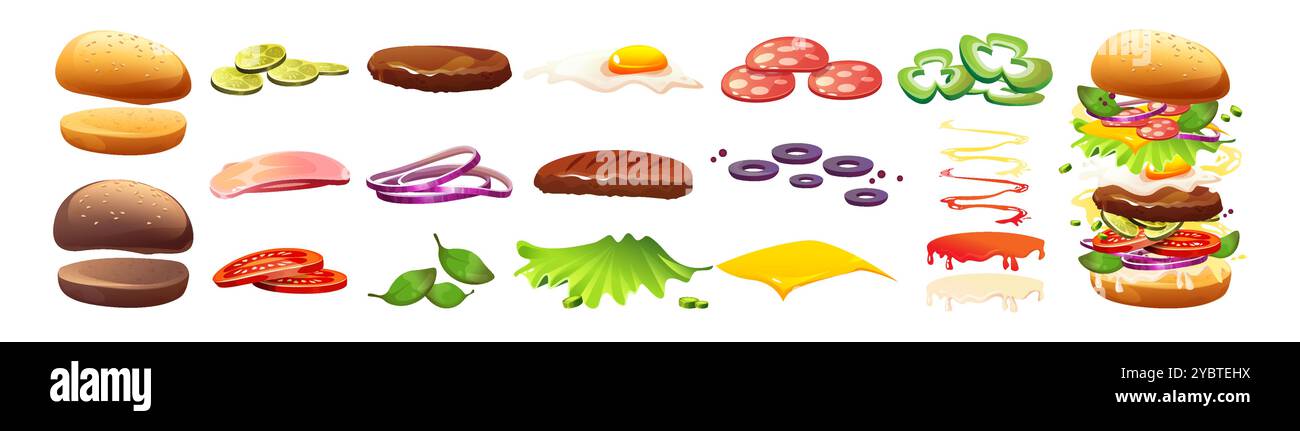 Hamburger Zutatenset für Fast-Food-Konstrukteure. Zeichentrickvektor Illustration Set von Sandwichelementen - Brötchen und Fleischkotelett, geschnittenes Gemüse und Stock Vektor