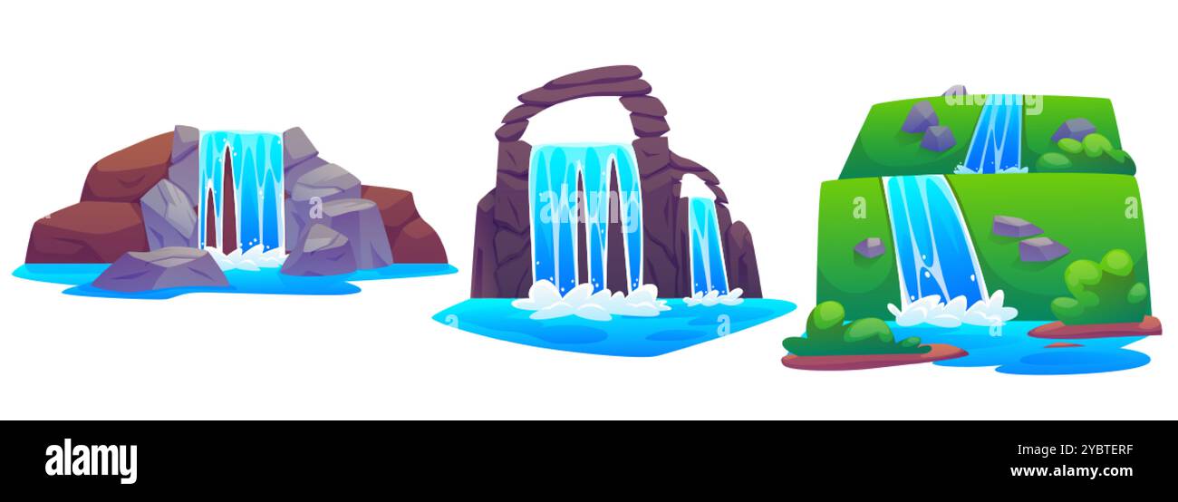 Wasserfall auf felsigem und mit grünem Grasberg bedeckt. Zeichentrickvektor-Illustration Set von Kaskade fallendes blaues Wasser des Baches von der Klippe. Fluss ein Stock Vektor