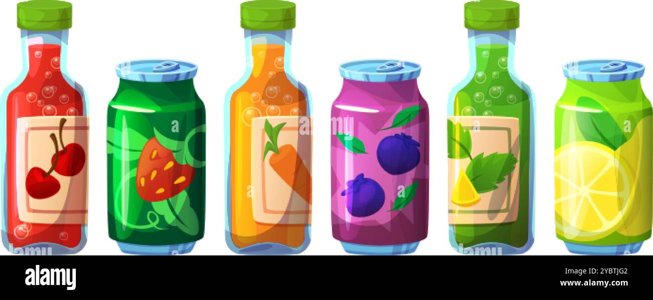 Soda Dose und Fruchtsaft Flasche Getränk Symbol Vektor. Cocktailverpackung mit kohlensäurehaltiger Limonade. Puzzy Sugar Tee im trendigen Aluminiumpaket. Orange, Zitrone und Be Stock Vektor