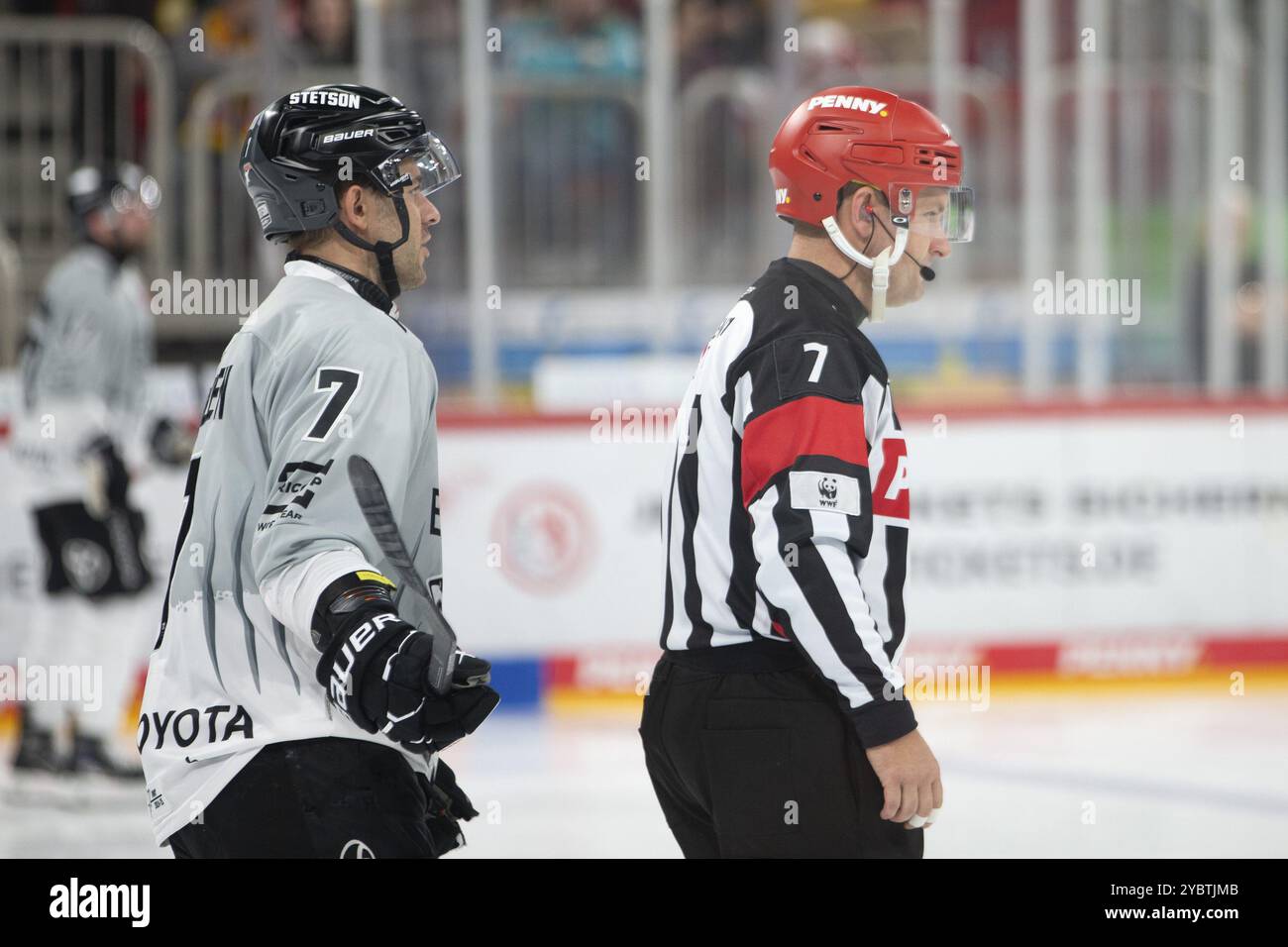 PSD Bank Dome, Düsseldorf, Nordrhein-Westfalen, Nick Bailen (Koelner Haie, #7), Marian Rohatsch (Schiedsrichter, #7), PENNY DEL, Duesseldorfer EG-Koelner Stockfoto