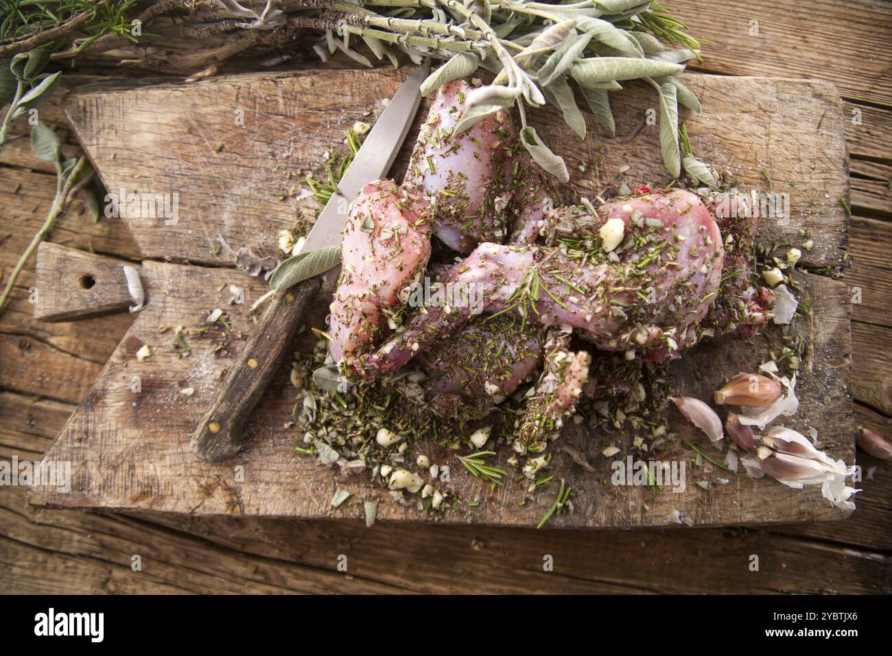 Zubereitung mit gehackten aromatischen mediterranen Kräutern aus rohen Kaninchenportionen Stockfoto