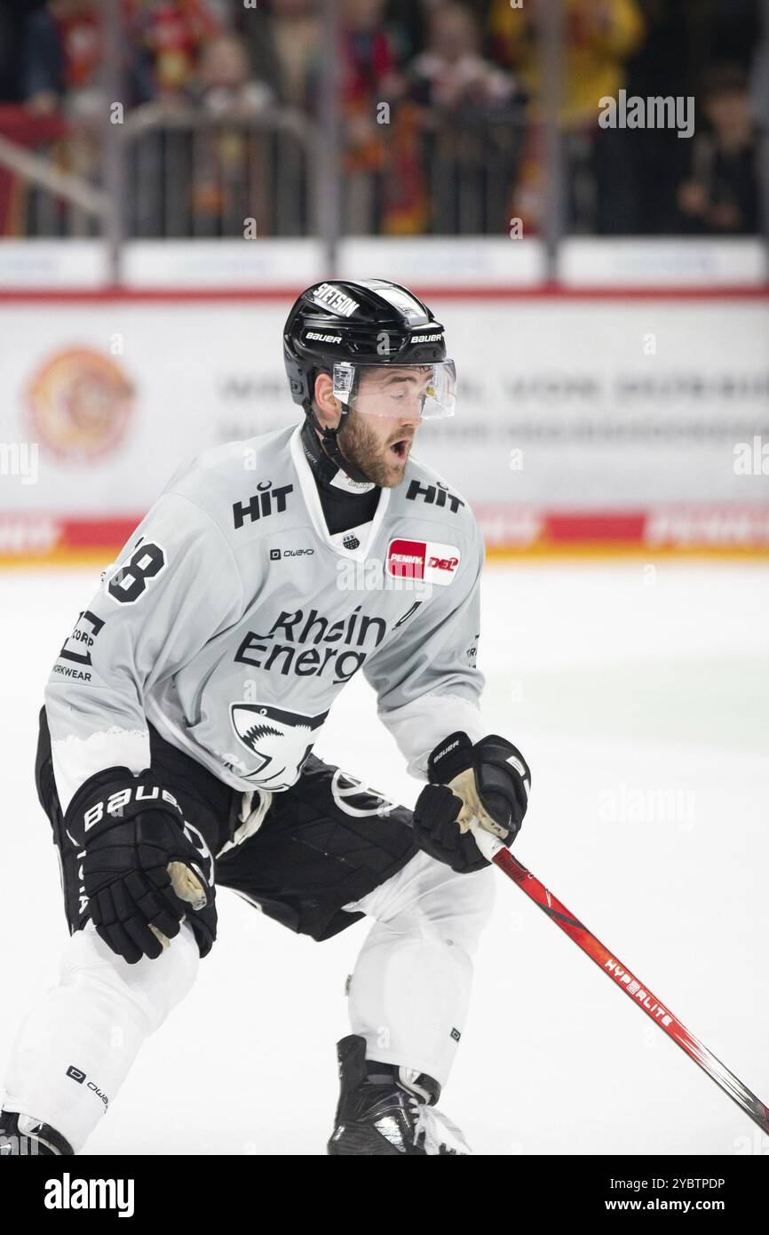 PSD Bank Dome, Düsseldorf, Nordrhein-Westfalen, Joshua Currie (Koelner Haie, #18), PENNY DEL, Duesseldorfer EG-Koelner Haie am 18.10.2024 bei der P Stockfoto