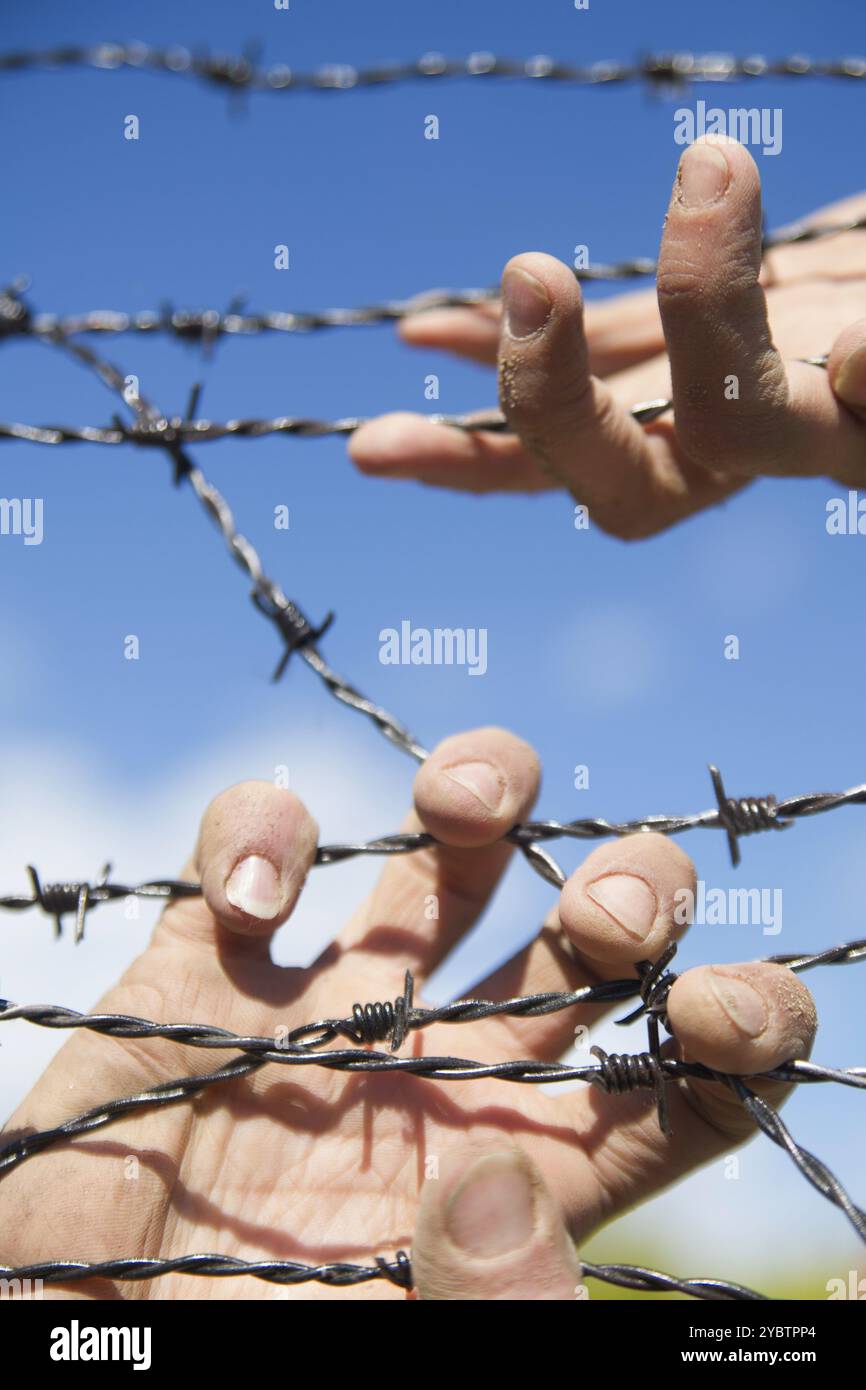 Hände greifen der Stacheldraht im Zeichen weg mit dem blauen Himmel Hintergrund ausgeführt Stockfoto