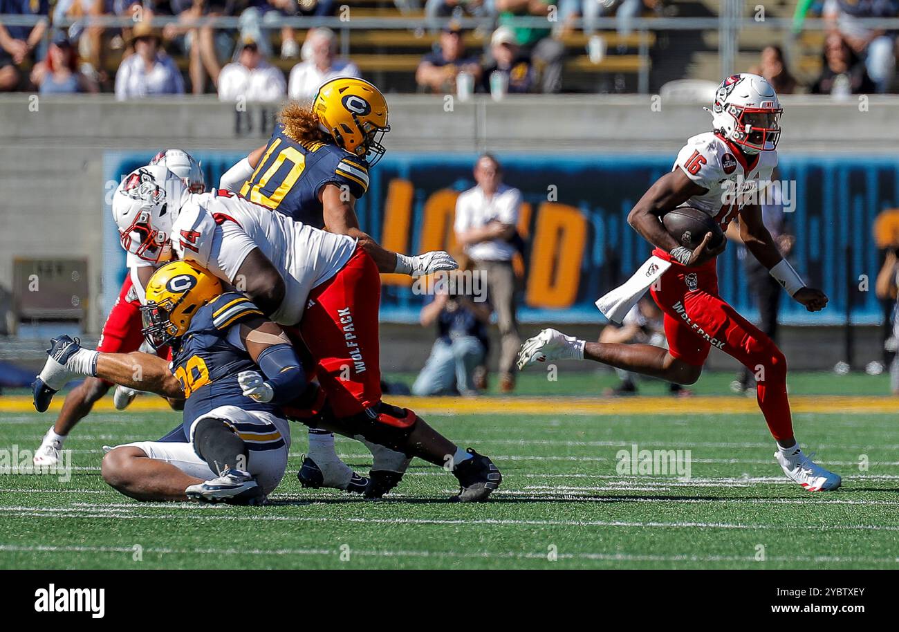 California Memorial Stadium. Oktober 2024. CA USA North Carolina State Quarterback CJ Bailey (16) versucht, vor dem kalifornischen Linebacker Teddye Buchanan (10) während des ACC Football-Spiels zwischen North Carolina State Wolfpack und den California Golden Bears wegzulaufen. North Carolina State besiegte Kalifornien 24-23 im California Memorial Stadium. Thurman James /CSM/Alamy Live News Stockfoto