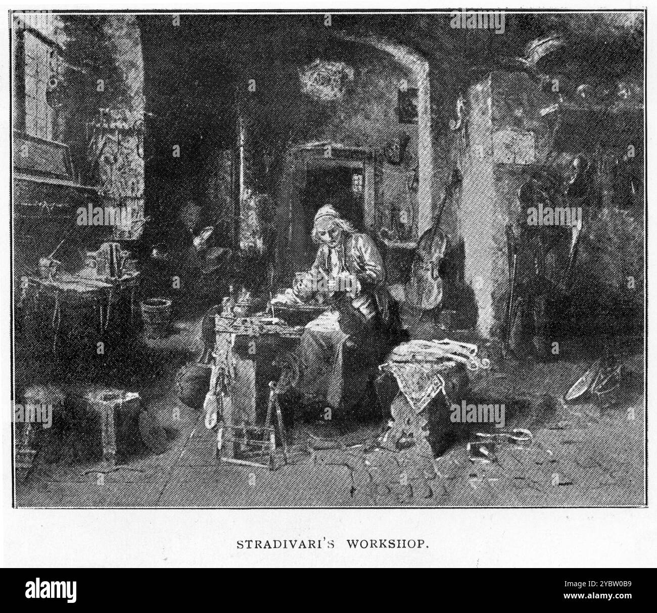 Antonio Stradivari baut in seiner Werkstatt Geigen Stockfoto