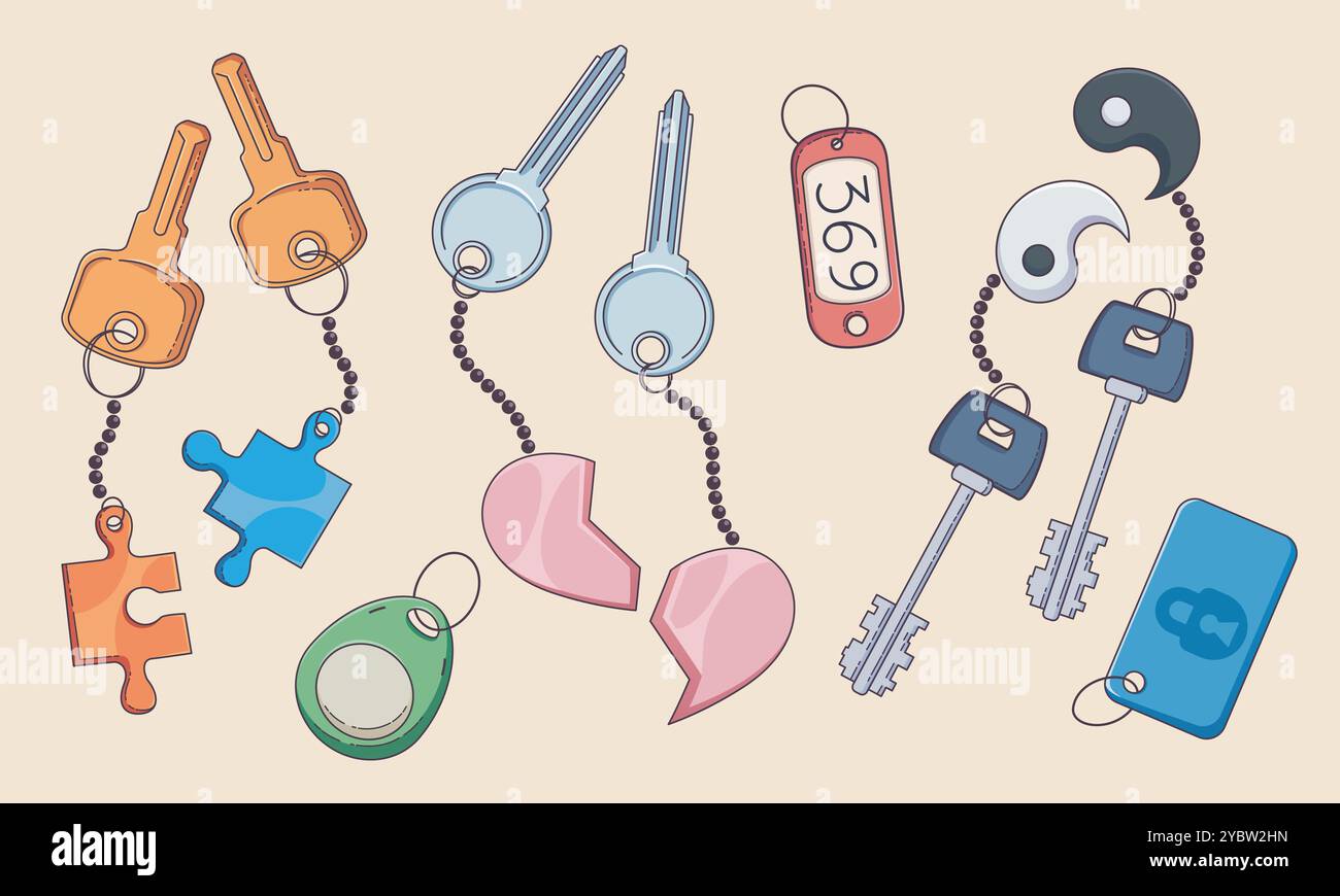 Haus- oder Autotür Schlüssel auf Metallring mit Schlüsselanhänger in Form von Herzhälften, Puzzleteilen, Yin- und Yang-Symbol, Zimmernummer. Haus, Apartment oder Hotel Stock Vektor