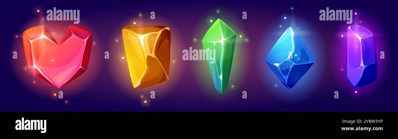 Magische Edelsteine, isoliert auf Hintergrund gesetzt. Vektor-Karikaturillustration von rotem Herzgestein, goldenem Felsen, grünem Smaragd, blauem Kristall, lila Name Stock Vektor