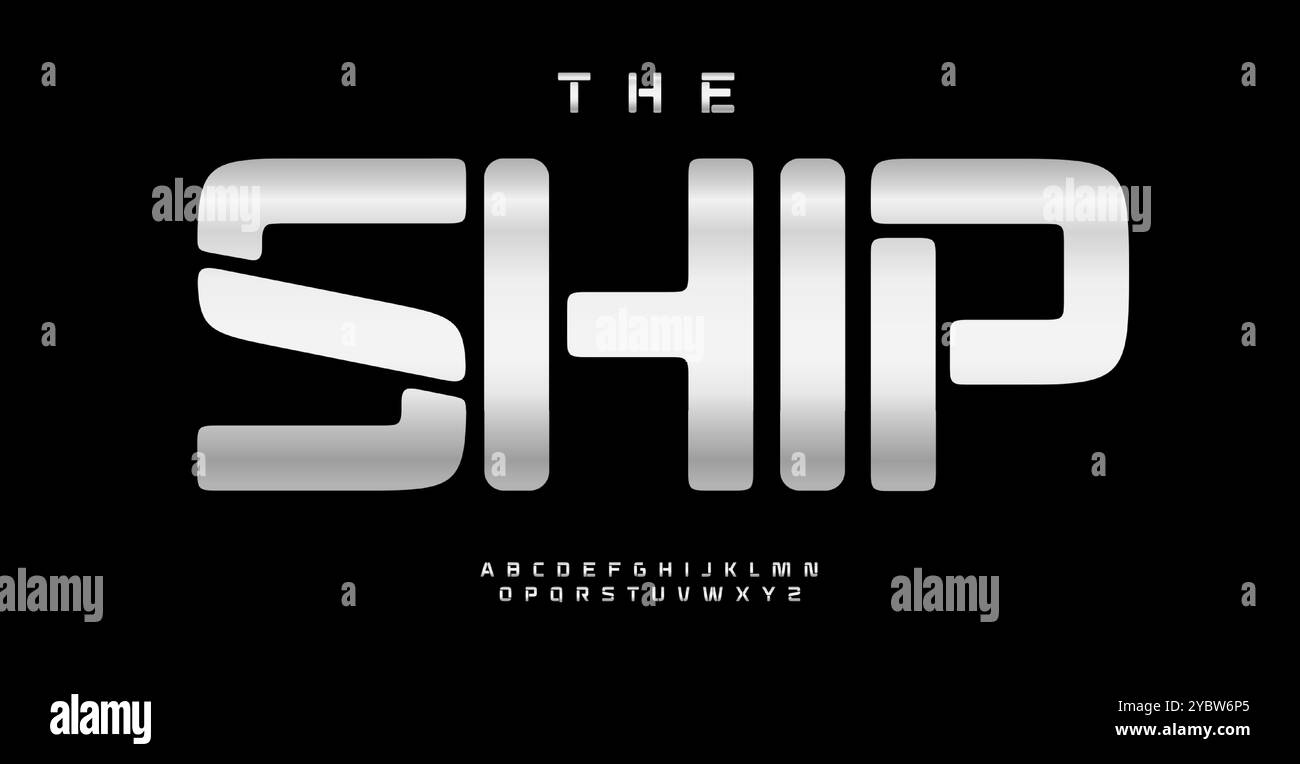 Schlanke futuristische Schriftart, kräftige Schablonenbuchstaben mit metallischem Farbverlauf, Sci-fi-Alphabet für Digital-Tech-Branding, Gaming-Logo, Poster für Videospiele, Platz Stock Vektor