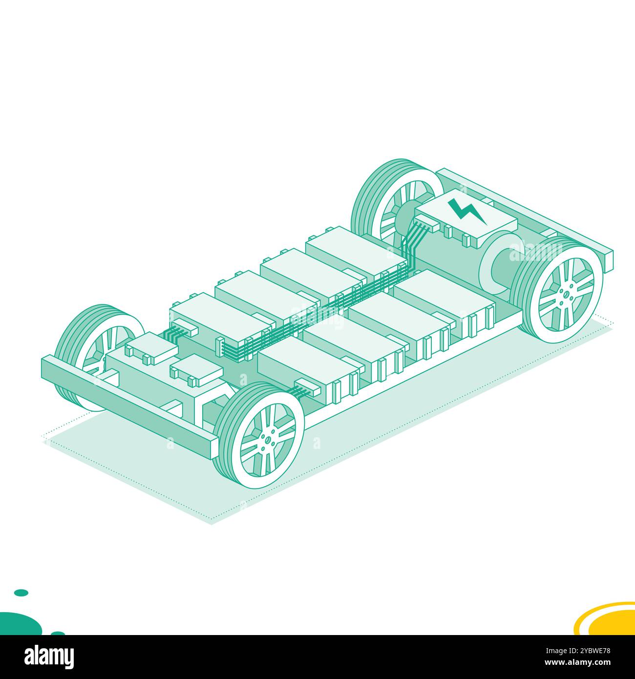 Plattform für Elektrofahrzeuge. Chassis mit Lithium-Batteriezellen-Pack. Modulares System. Vektorabbildung. Isometrische Umrissobjekte isoliert. Stock Vektor