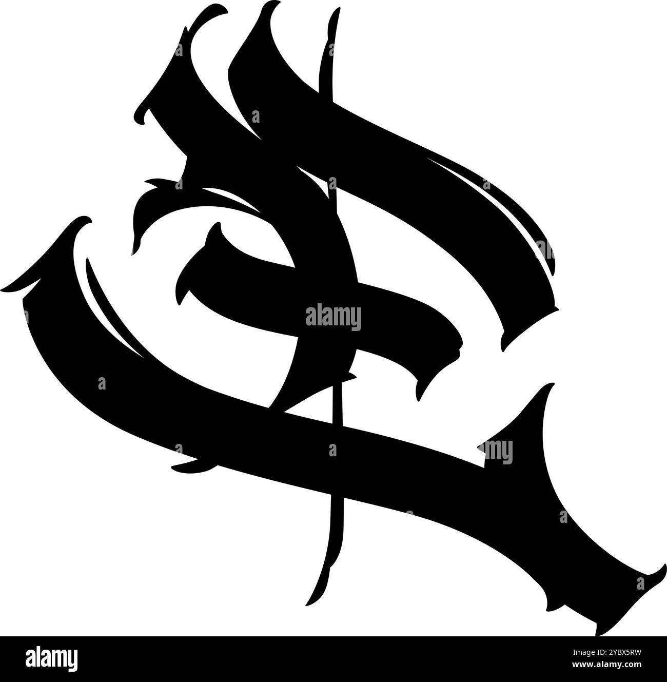 Buchstabe E im Graffiti- und Gothic-Stil. Vektor. Graffiti, Tag und mittelalterlicher lateinischer Buchstabe. Schilder und Symbole für Design. Kalligraphie, Schriftzüge und Tags. Stock Vektor