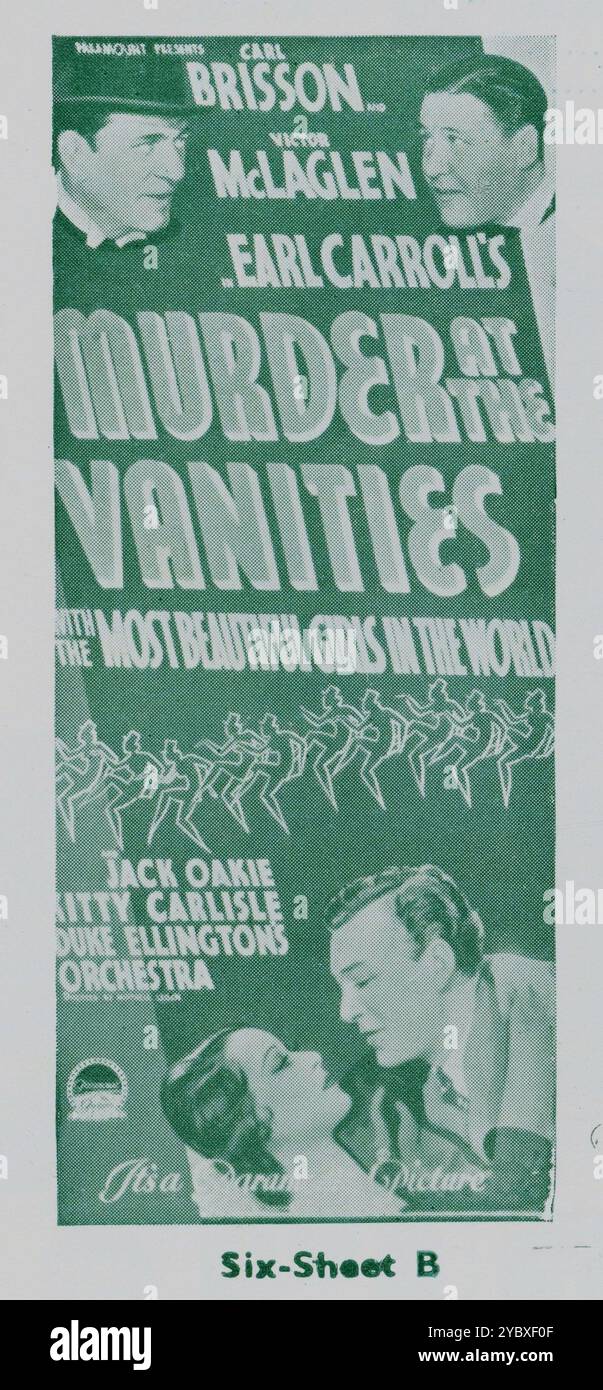 Poster für CARL BRISSON VICTOR McLAGLEN JACK OAKIE KITTY CARLISLE DUKE ELLINGTON's ORCHESTRA and the Most Beautiful Girls in THE World in EARL CARROLL's MURDER AT THE VANITYS 1934 Regisseur MITCHELL LEISEN nach dem Stück von Earl Carroll und Rufus King Kostümdesign Travis Banton Paramount Pictures Stockfoto