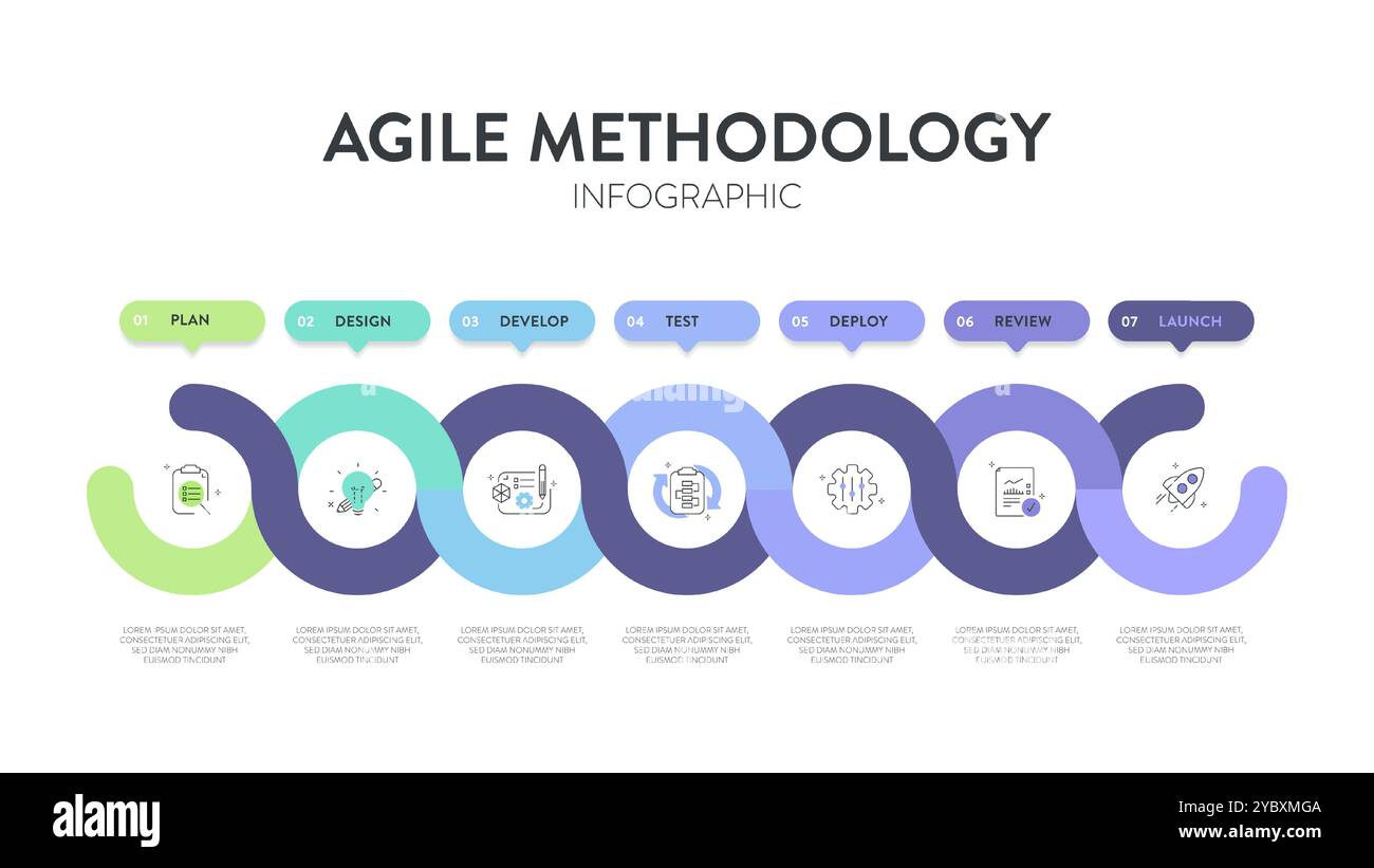 Die Infografik „Agile Lifecycle Methodology“ ist ein Prozess zur Erstellung und Reaktion auf Veränderungen. Lebenszyklus der Produktentwicklung und Agile Methodology. Proz Stock Vektor