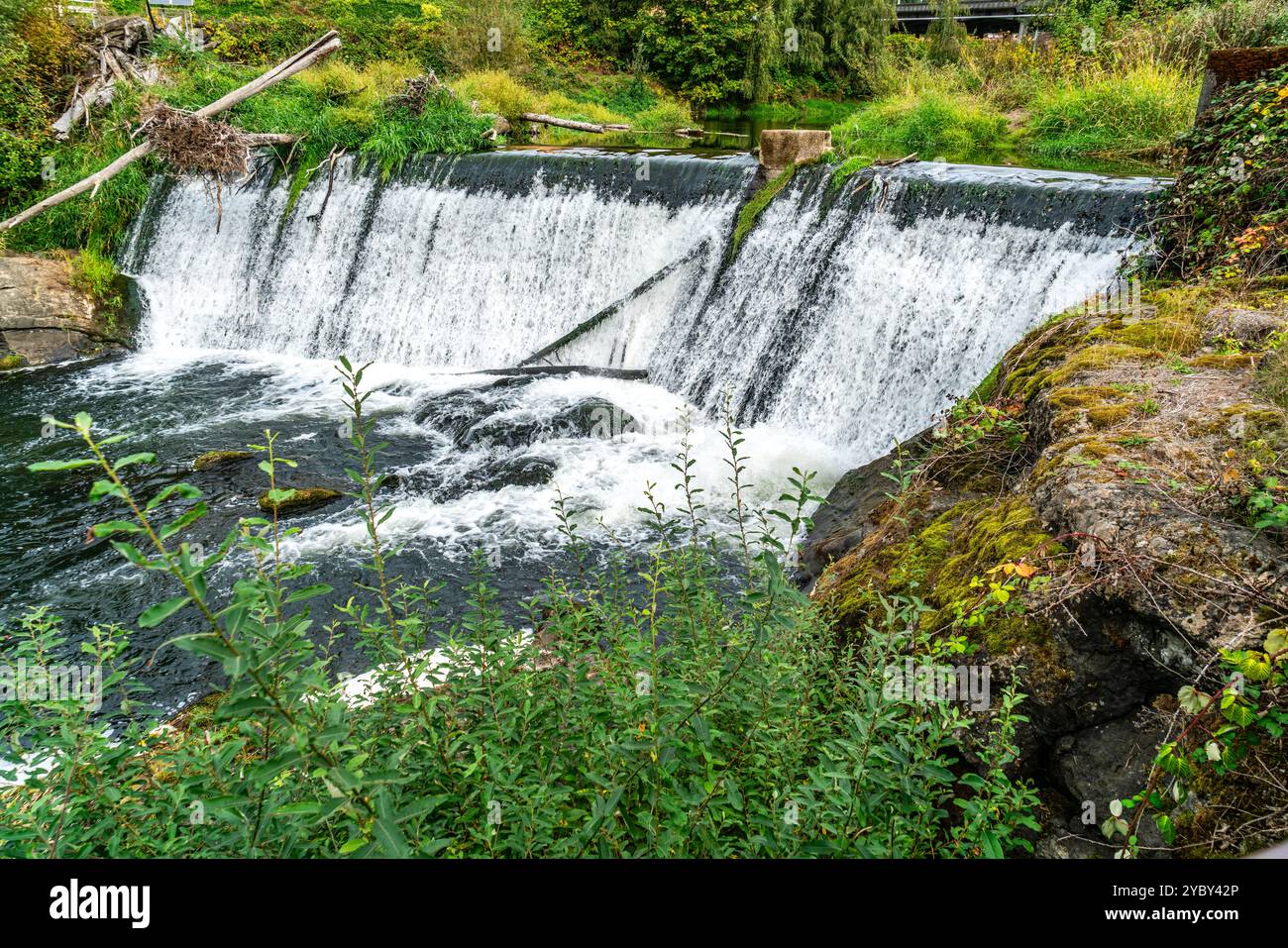 Ein Blick auf einen rauschenden Wasserfall in Tumwater, Washington. Stockfoto