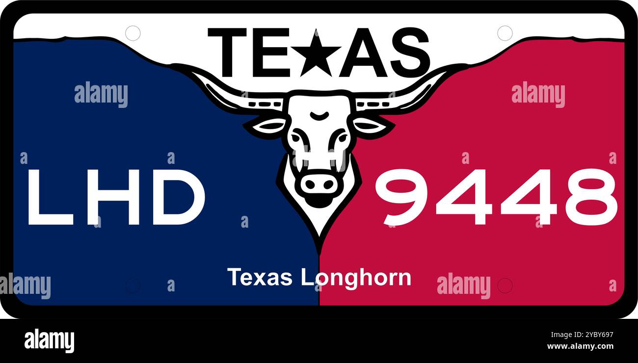 Texas Nummernschilddesign mit dem Texas Star und dem legendären Texas Longhorn – perfekt für Souvenirs, Autohusiasten und Texas Pride – einzigartiges Texas-Thema Stock Vektor