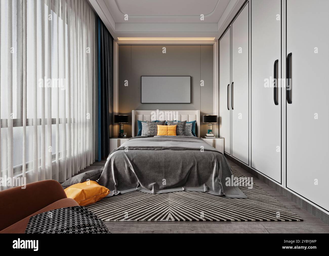 3D-Wiedergabe eines luxuriösen Hotelzimmerzimmers Stockfoto