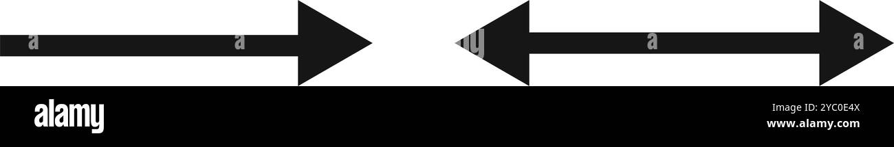 Pfeil- und Doppelpfeilsymbole. Sehen Sie hier oder Breitensymbole. Schwarzer horizontaler Zeiger, Richtung oder Position und beidseitige Schilder isoliert auf weißem Hintergrund. Vektorgrafik. Stock Vektor