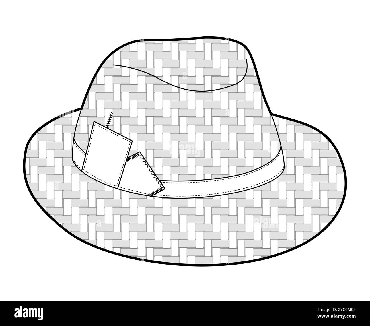 Handgefertigter Fedora-Hut mit Band. Kopf Mode Accessoire Kappe Kleidung technische Illustration. Vektor-Kopfbedeckung für Männer, Frauen, Unisex-Stil, flache Vorlage CAD-Modell Skizze Umriss isoliert Stock Vektor