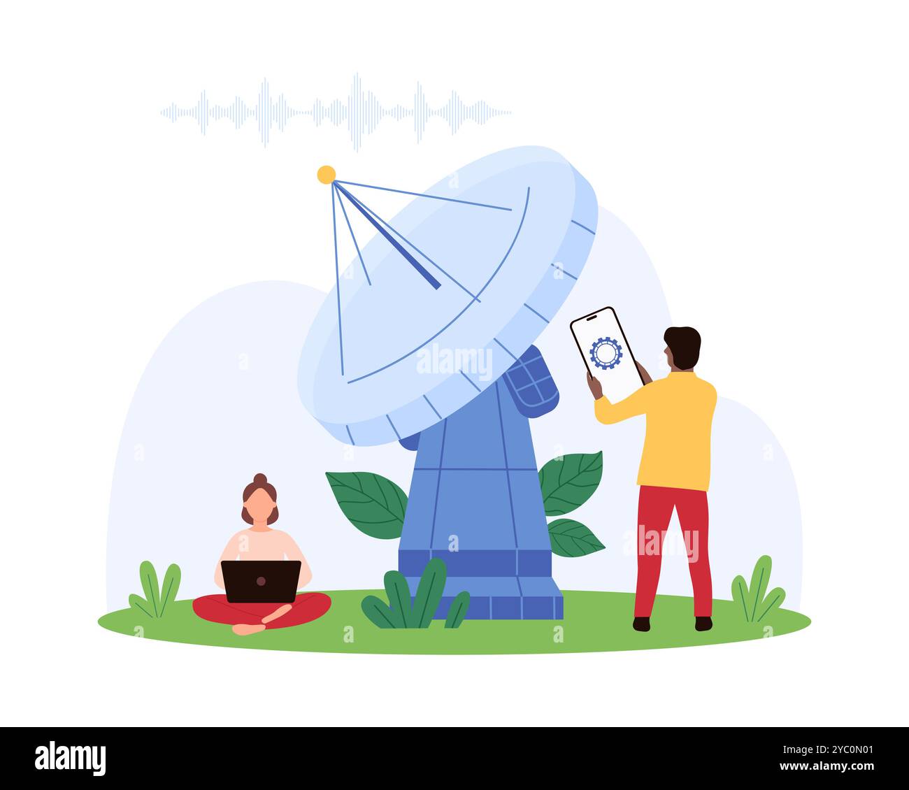 Weltraumradarverbindung, Telekommunikationsturm des astronomischen Observatoriums und mobile Station. Winzige Leute steuern digitales Signal des Satelliten mit Parabolantenne Cartoonvektor Illustration Stock Vektor