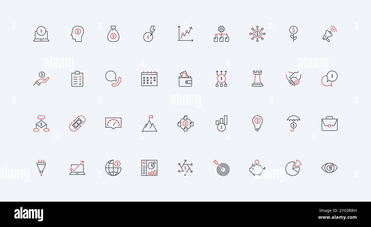 Geschäftsfirma, Zeile mit Symbolgruppe für Startstrategie. Versicherung von Investitionen, Vision und Analyse Bericht Diagramm, Mitarbeiter Mindset, um Geld zu verdienen dünne schwarze und rote Umrisssymbole Vektor Illustration Stock Vektor