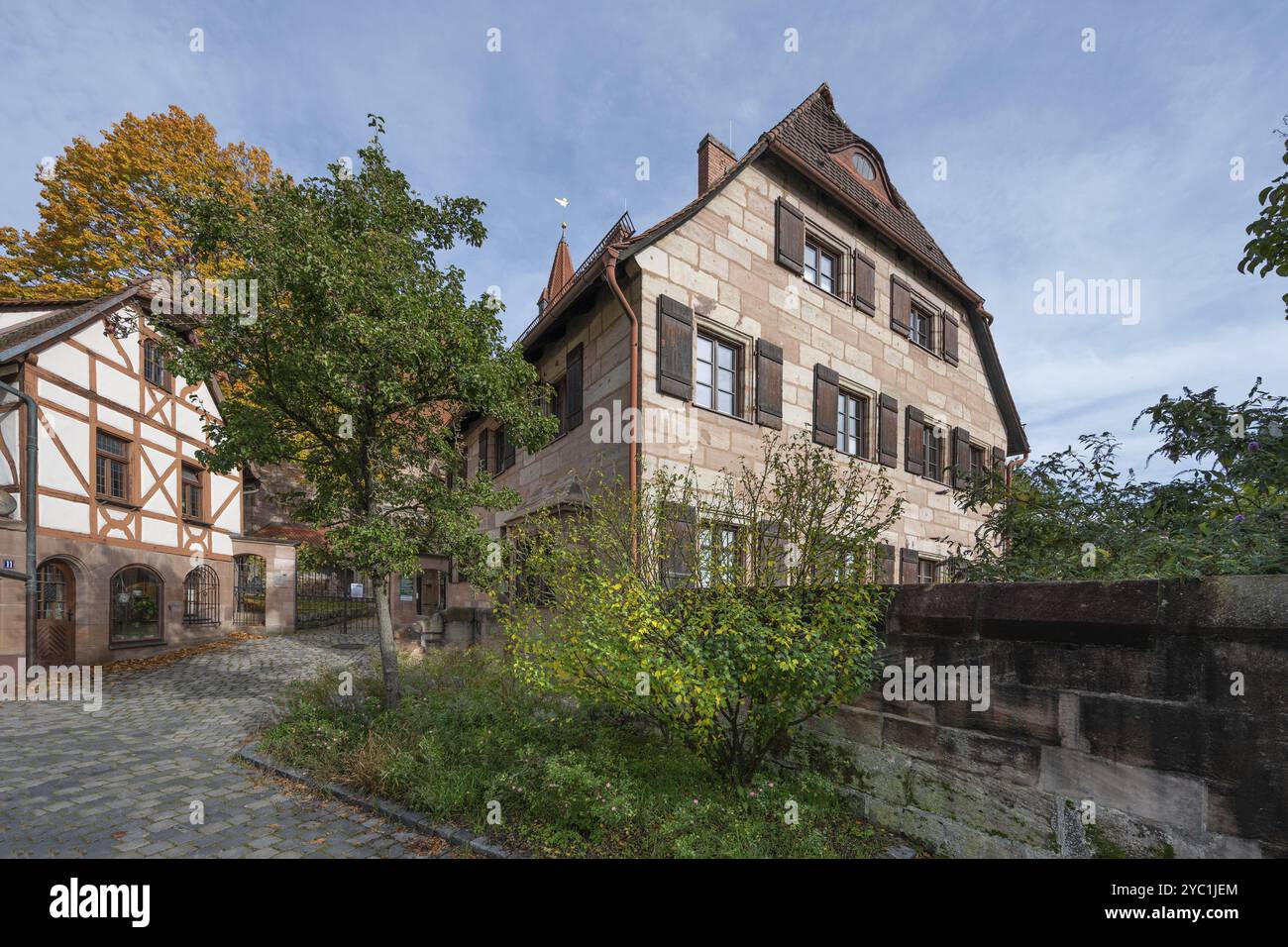 Das Pfarrhaus, linkes Detail Hallerschloss, Kirchenberg 11 und 13, Nürnberg-Mögeldorf, Mittelfranken, Bayern, Deutschland, Europa Stockfoto