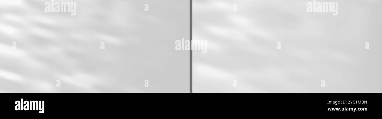 Weiße Albumseiten mit abstraktem Lichteffekt. Vektor-realistische Illustration der Präsentationsbögen Vorlage mit Sonnenlicht-Flare-Muster, leeres minimalistisches Werbebanner, geriffelte Papieroberfläche Stock Vektor