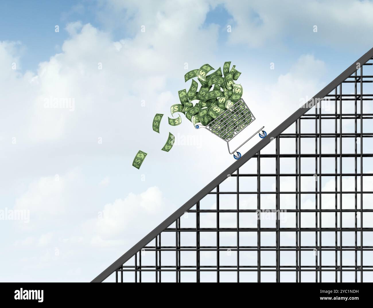 Wirtschaftlicher Superzyklus als steigendes Preisboomwachstum und hoch aufsteigendes Wertfinanzierungskonzept als Einkaufswagen, der eine Achterbahn hinauffährt, als schwankend Stockfoto