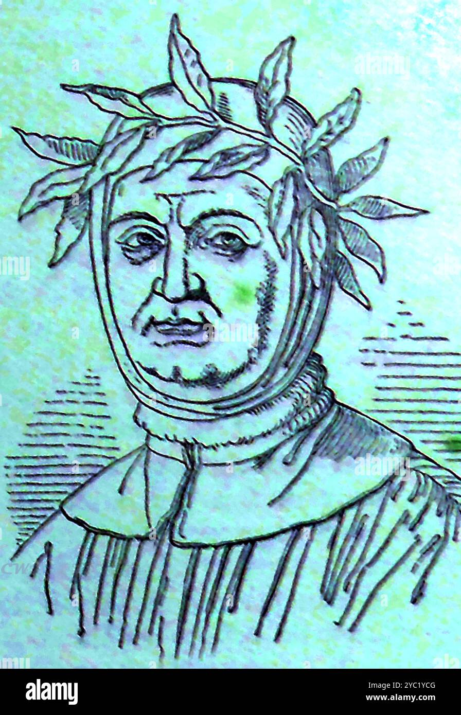 Ein altes Porträt des humanistischen italienischen Gelehrten und Dichters Francesco Petrarca (1304-1374). Francesco Petrarca, Francesco Petrarca und Francesco di Petracco – UN antico ritratto dello studioso e poeta italiano Francesco Petrarca (1304–1374). - Stockfoto