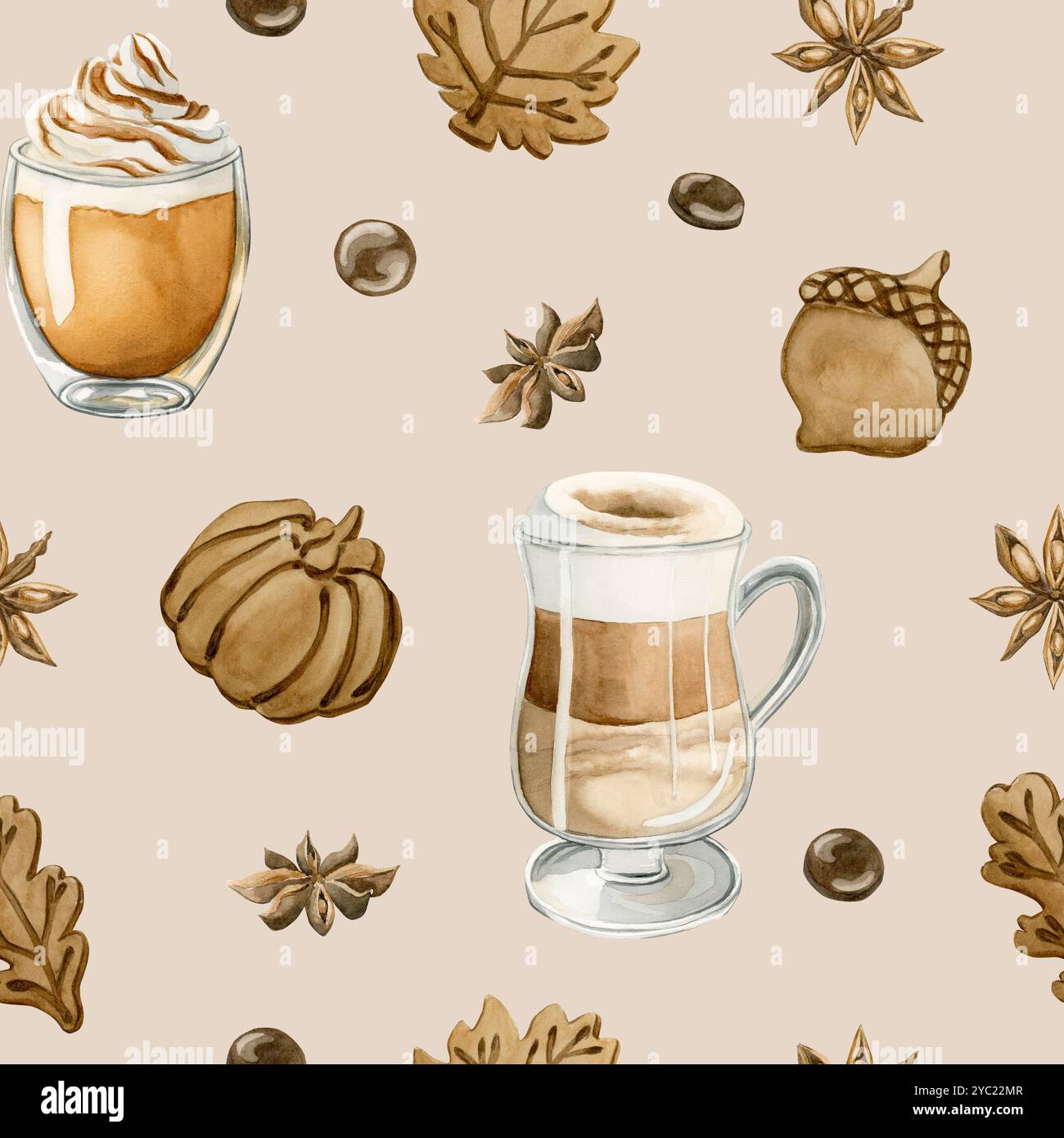 Coffee Latte Macchiato, Kürbis Spice Latte Coffee und Herbstkekse. Nahtloses Aquarellmuster auf beigem Hintergrund für Lebensmittelbäckerei Design, Stockfoto