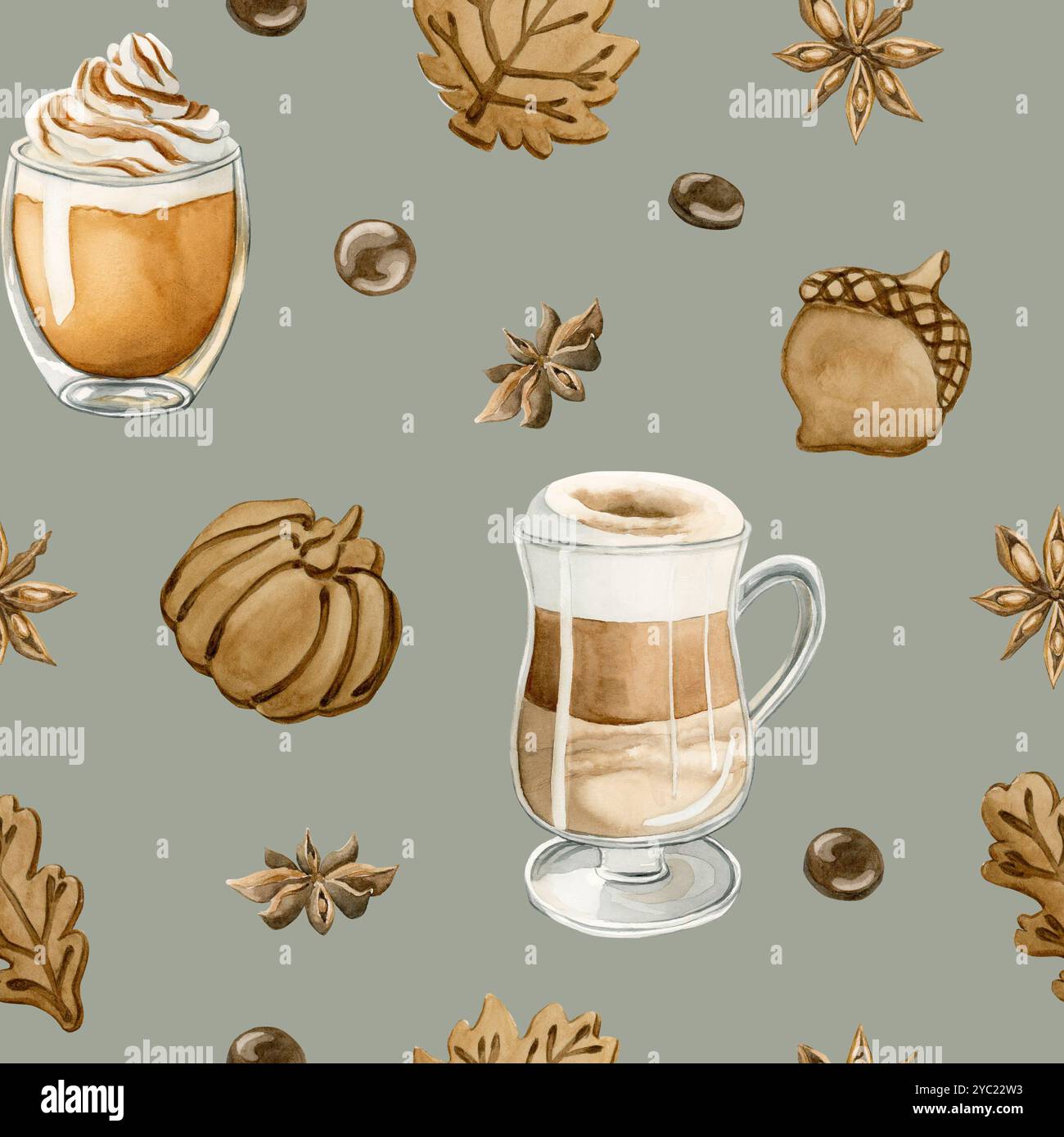 Coffee Latte Macchiato, Kürbis Spice Latte Coffee und Herbstkekse. Nahtloses Aquarellmuster auf salbeigrünem Hintergrund für Lebensmittelbäckerei des Stockfoto