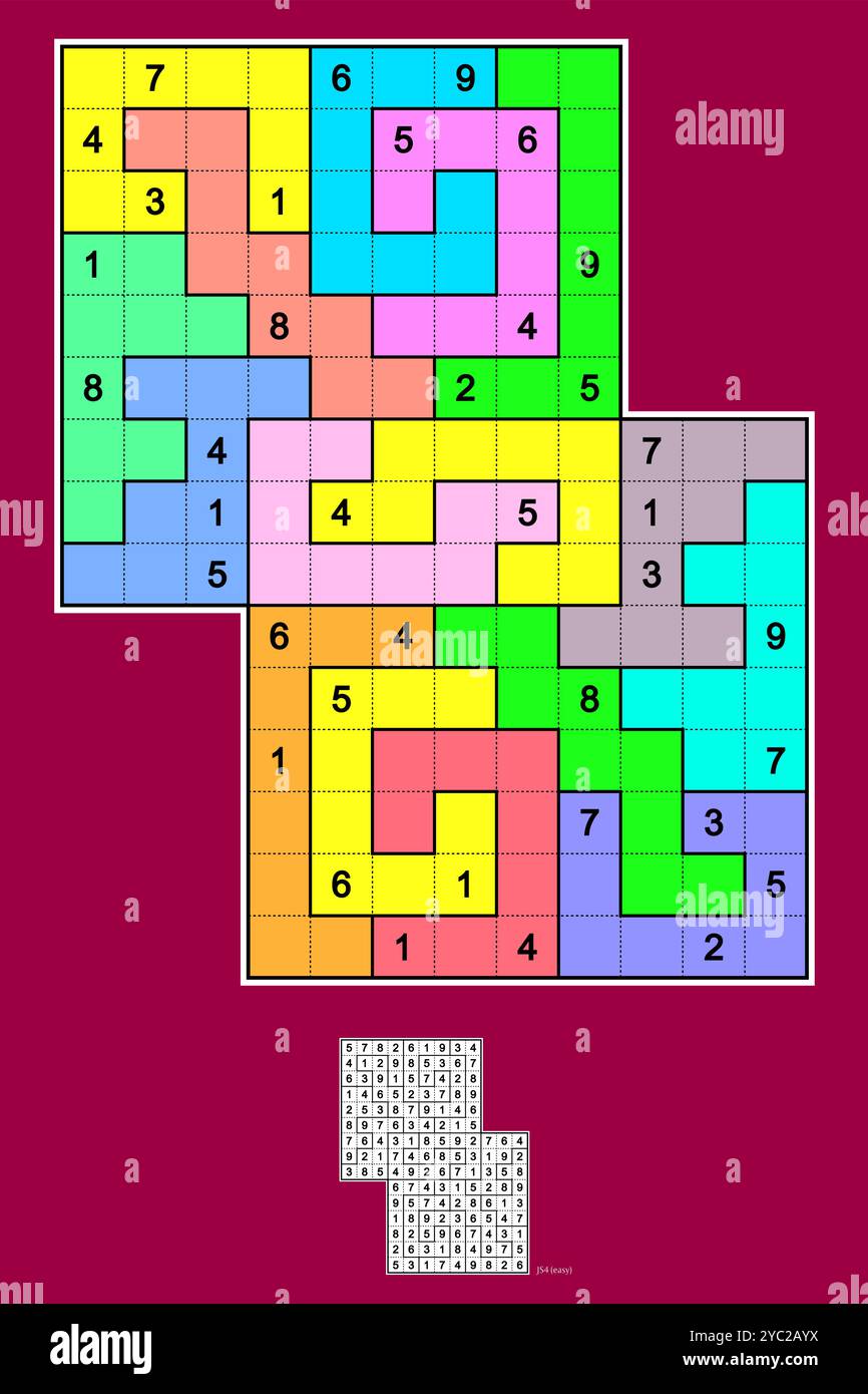 Puzzle Sensei Sudoku. Zwei überlappende Puzzle-Sudoku-Puzzles. Rotationssymmetrie, 38 Hinweise. Einfach. MK II. Vektor. Stock Vektor