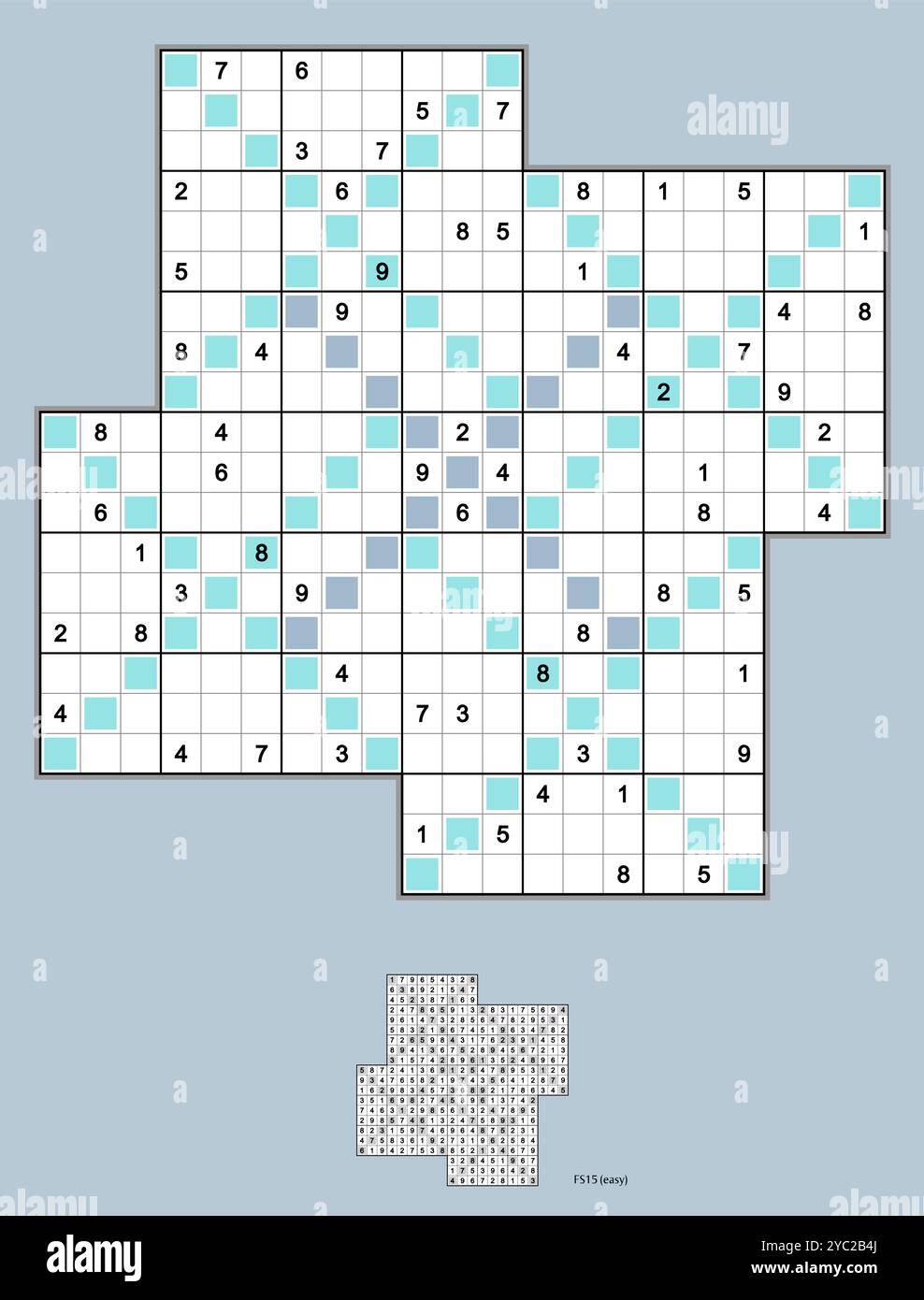 Windmühle Sudoku mit diagonaler Variante. Fünf überlappende Sudoku-Rätsel, Rotationssymmetrie. Leicht, 64 Hinweise. MK II. Vektor. Stock Vektor