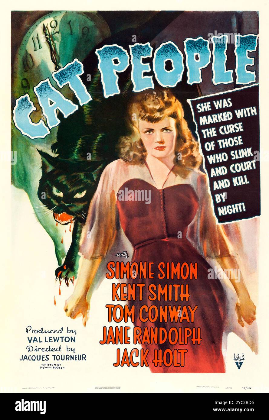 Theaterposter für die amerikanische Veröffentlichung des Films Cat People aus dem Jahr 1942, einem US-amerikanischen Supernatural-Horrorfilm von Jacques Tourneur aus dem Jahr 1942, der für RKO von Val Lewton produziert wurde Stockfoto