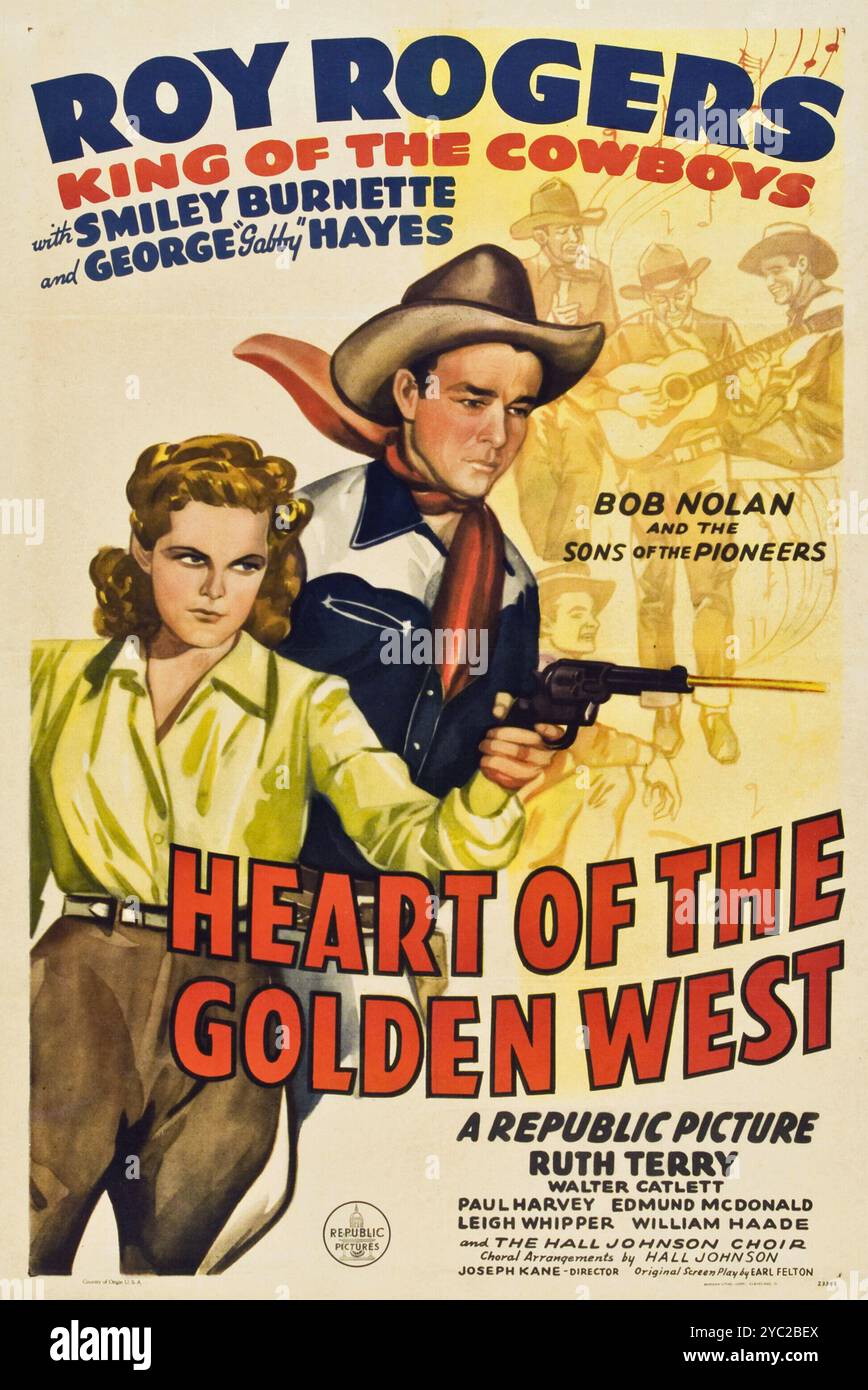 Vintage-Filmplakat für den Film Heart of the Golden West aus dem Jahr 1942 - Roy Rogers, König der Cowboys, Smiley Burnette, George Hayes - Western-Film Stockfoto