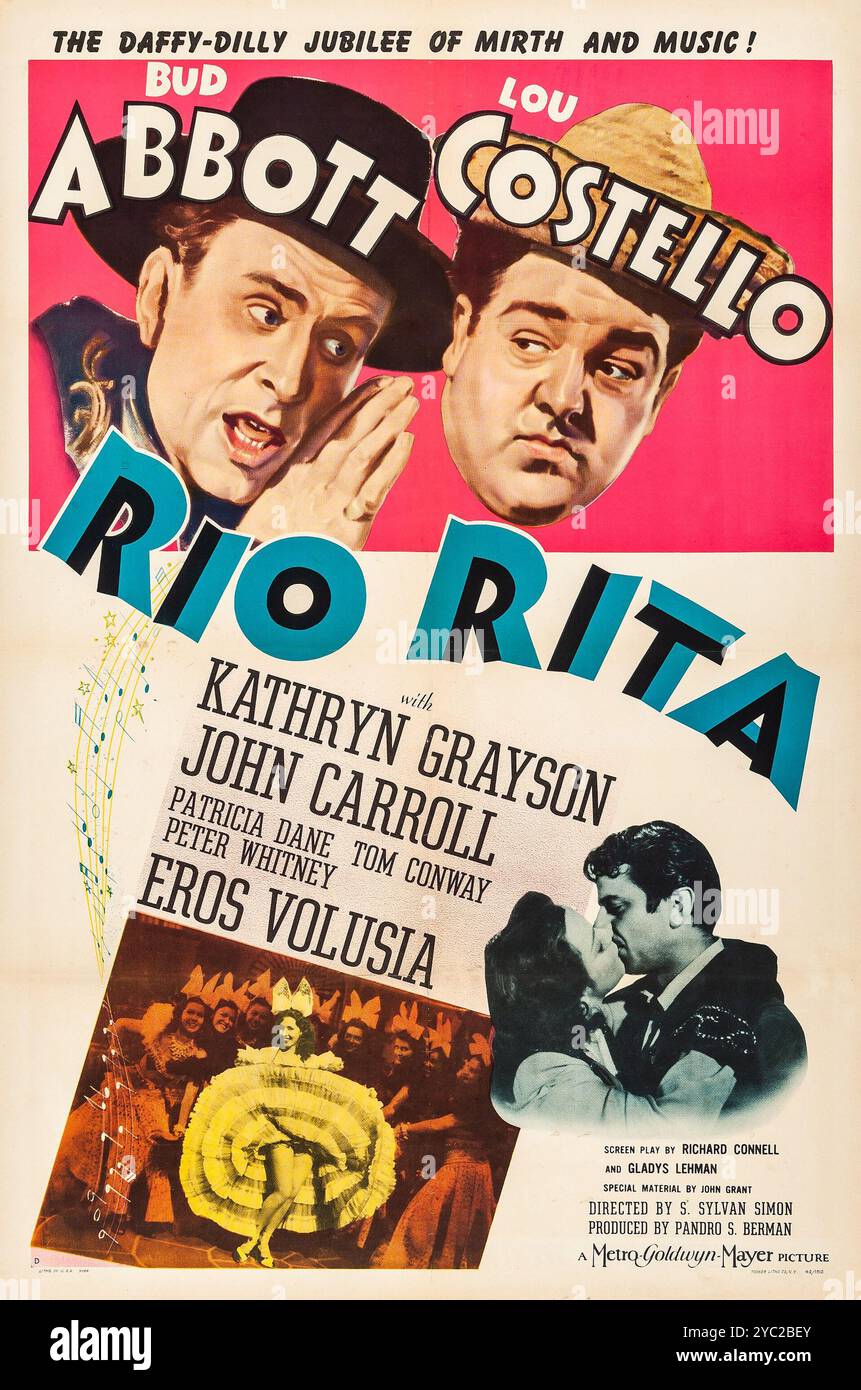 Vintage-Filmplakat für den amerikanischen Film Rio Rita (1942) mit Abbott und Costello, Style D Stockfoto