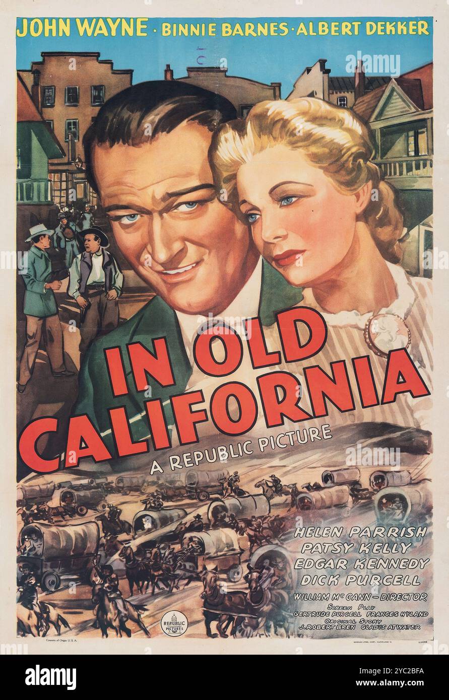 Vintage-Filmplakat für den 1942er Film in Old California (Originaltitel: John Wayne, Binnie Barnes, Albert Dekker) Stockfoto