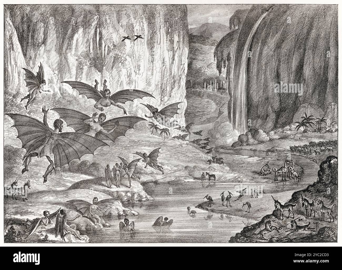 Lithografie von Benjamin Henry Day (1810-1889), die fantastische Kreaturen wie Fledermausfiguren und Einhörner auf dem Mond darstellt, inspiriert vom Grossmondschwein von 1835. Foto einer Original-Lithographie aus dem Jahr 1935. Stockfoto